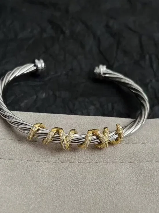 David Yurman Sterling Silver & Gold Cable Bracelet with Diamond Accents - Picture 4 of 5